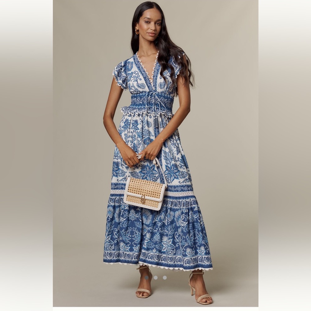 FARM Rio X Anthropologie Shell Garden Cotton Blue and White Floral Maxi Dress